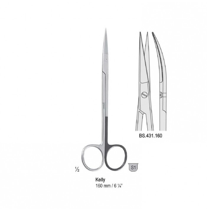Scissors Kelly cur. 160mm one blade serrated