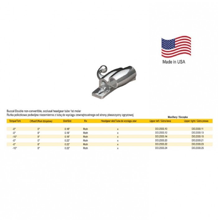 Deluxe Buccal tube combination non-convertible, weldable .018" upper left Headgear tube .045" T -10° O 8°