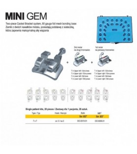 Mini GEM brackets kit Roth .022" slot, hooks on 3 with single non-convertible tube, 7-7,  laser mark in base