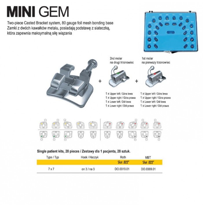 Mini GEM brackets kit MBT .022" slot, hooks on 3 with single non-convertible tube, 7-7,  laser mark in base