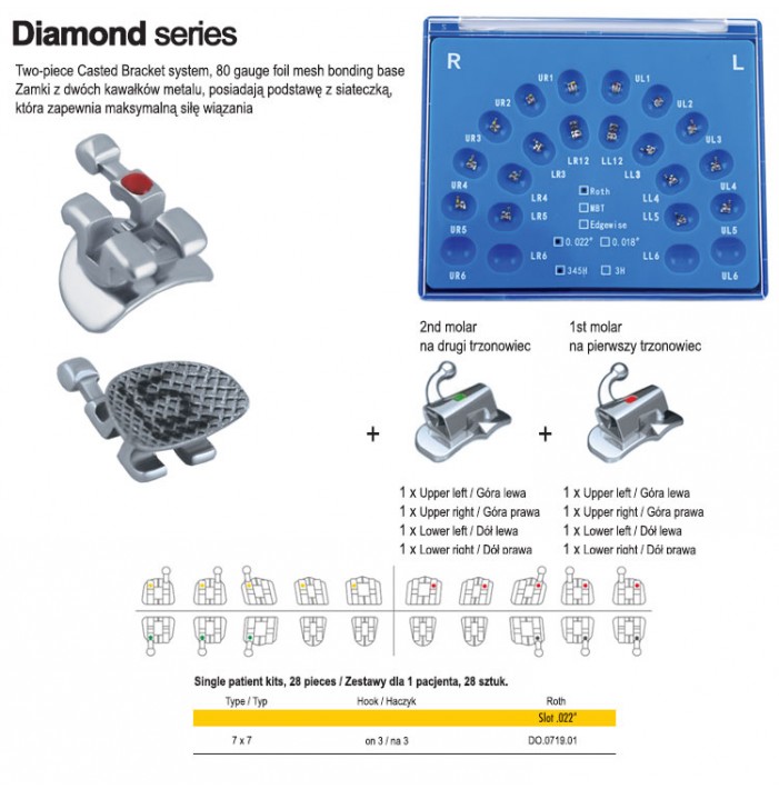 Diamond series brackets kit Roth .022" slot, hooks on 3 with single non conv buccal tubes (28 pieces)