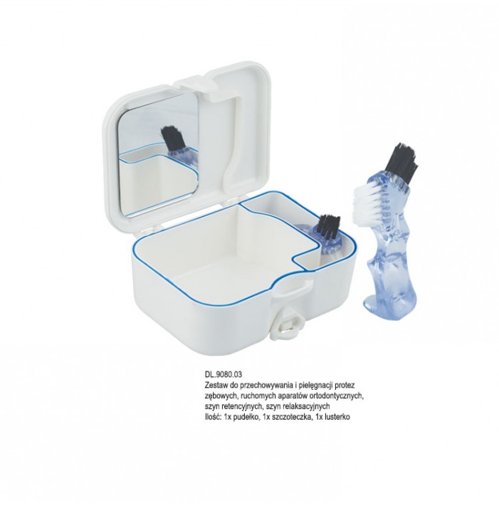 Denture case with mirror and brush 116 x 93 x 46mm