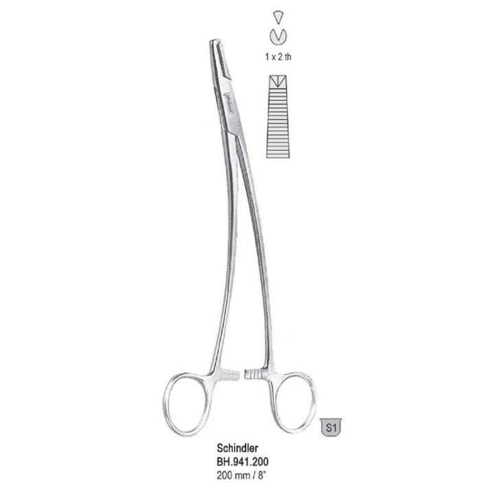 Forceps peritoneum Schindler 1x2th side curved 200mm