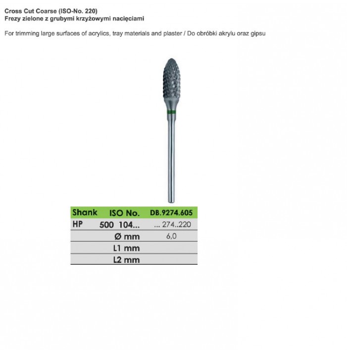 Carbide bur HP, cut coarse, ISO 500 104 277 220 060, green
