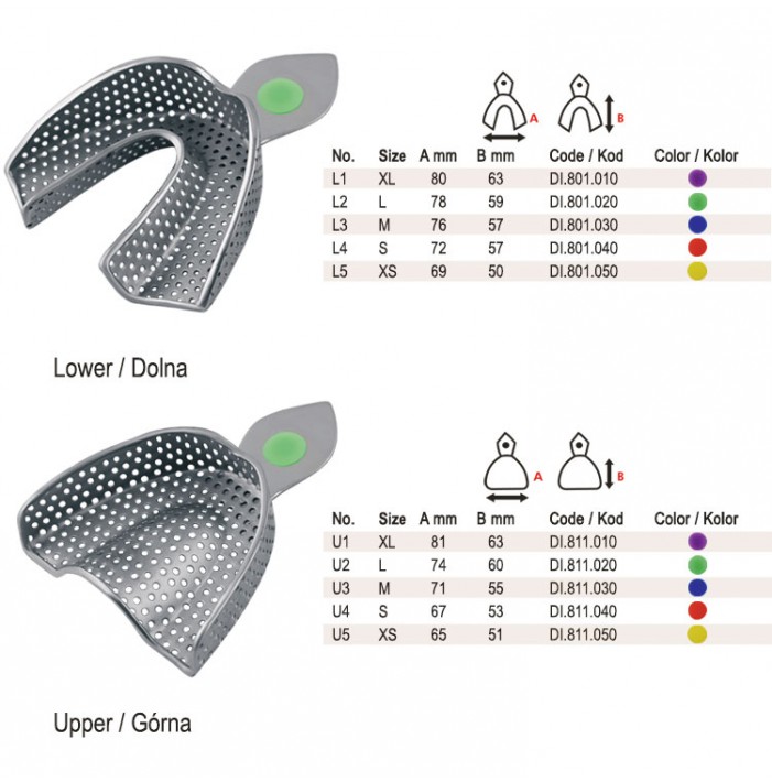 ID-Color Zestaw łyżek wyciskowych perforowanych do ubytków częściowych z brzegiem retencyjnym (10 sztuk)