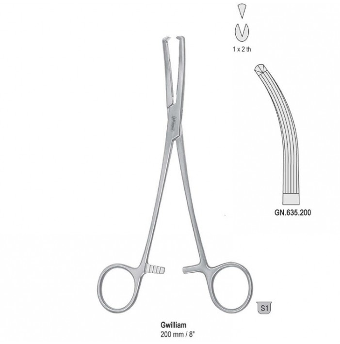 Kleszcze Gwilliam do histerektomii zagięte 1x2 ząbki, 200mm