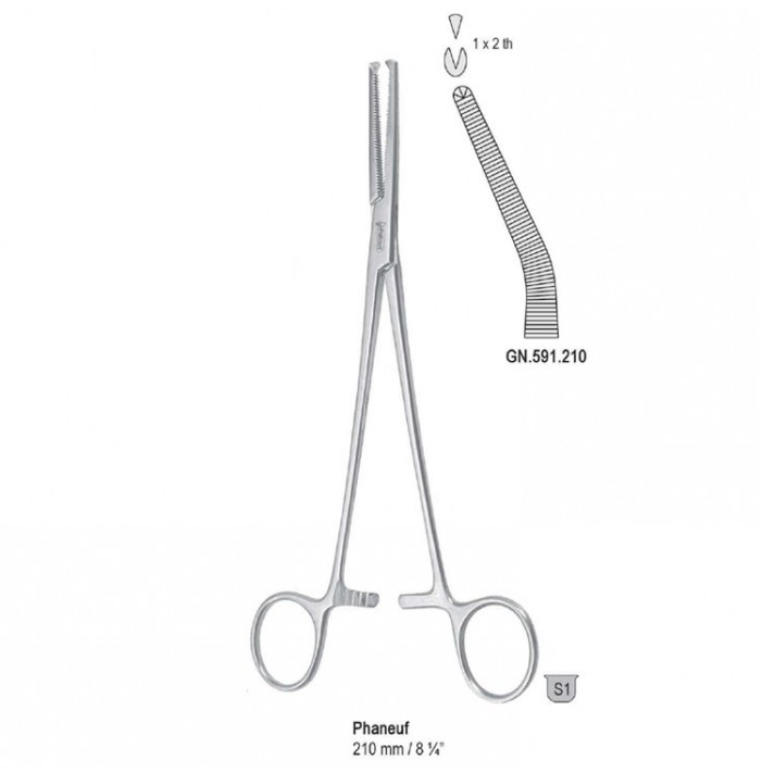 Kleszcze Phaneuf do histerektomii wygięte 1x2 ząbki, 210mm