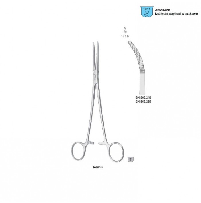 Kleszcze Toennis do histerektomii zagięte 1x2 ząbki, 210mm