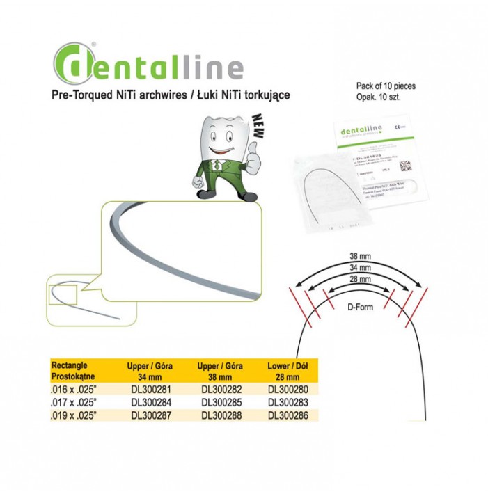Dentalline NiTi l D-Form rectangle archwires with torque 28mm .016" x .025" (Pack of 10 pieces)