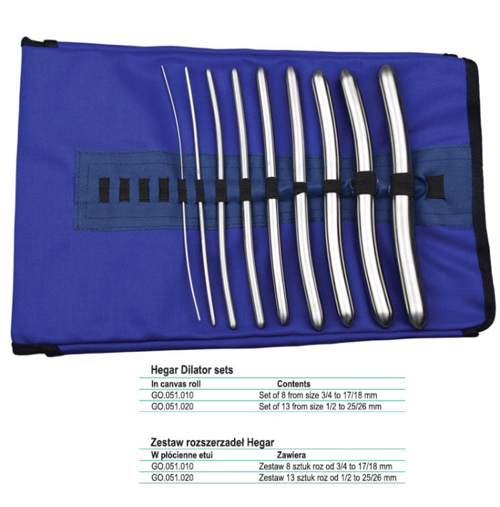 Dilator uterine Hegar DE  set of 8  (3/4-17/18mm) in canvas roll