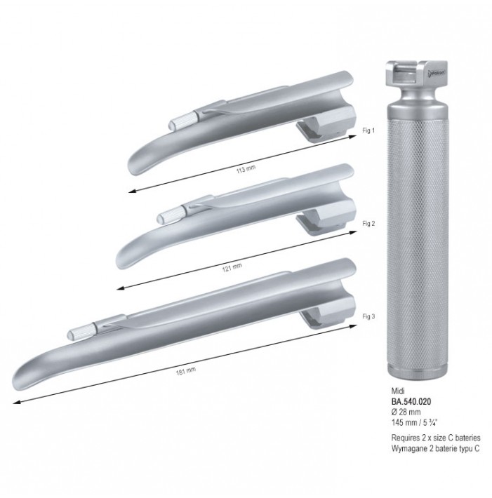 Laryngoscope standard light Magill set blades fig. 1 to 3 + Midi handle