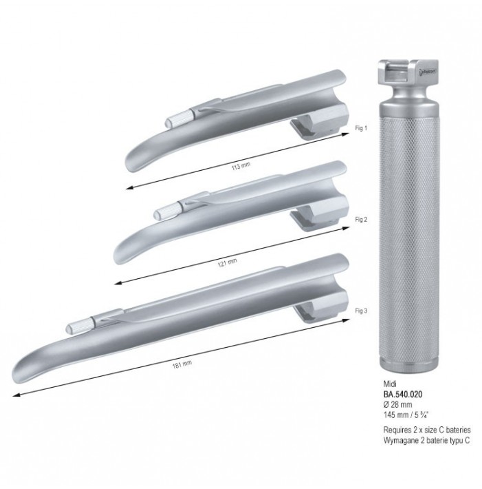 Zestaw laryngoskopowy z oświetleniem konwencjonalnym Magill z łyżkami fig.1 do 3 + Midi uchwyt