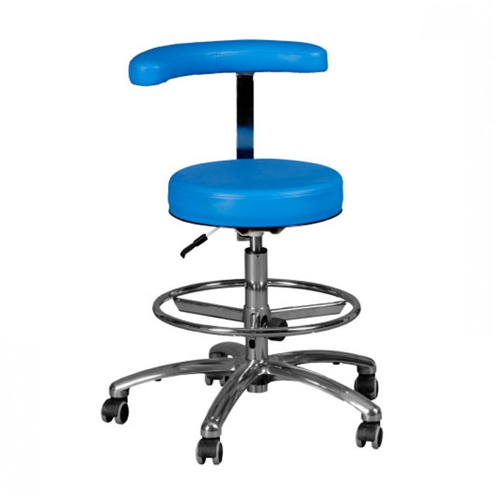 Height adjustable dental stool with procedure arm and foot rest ring