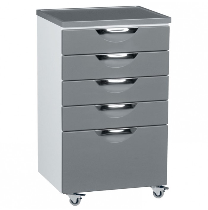 Dental mobile cabinet with 5 drawers 500 x 425 x 835mm, Silver