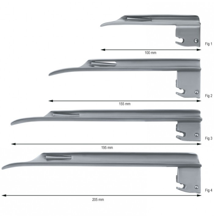 Laryngoscope detacheable fiber optic Miller set blades fig. 1 to 4 + Midi handle