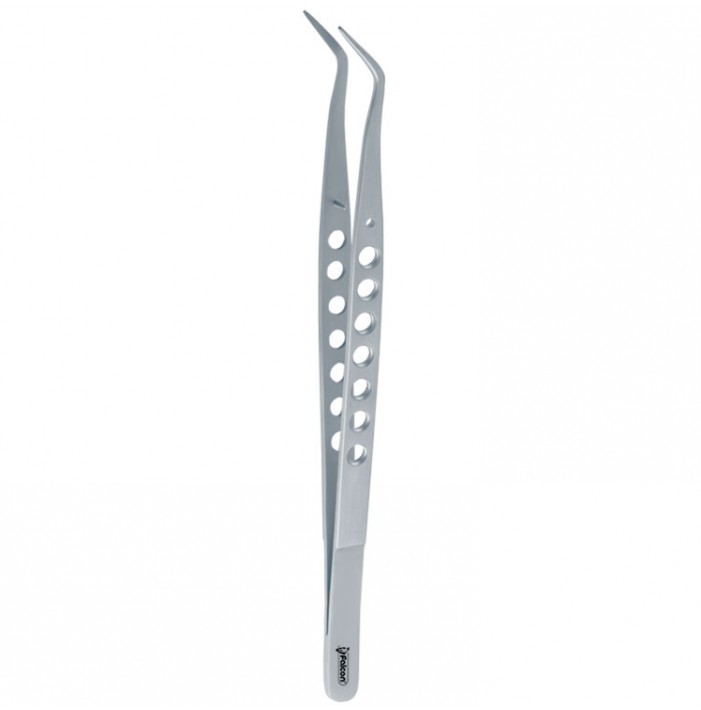 Tweezers Meriam-Ergo with grooves serrated angled long fig. 1
