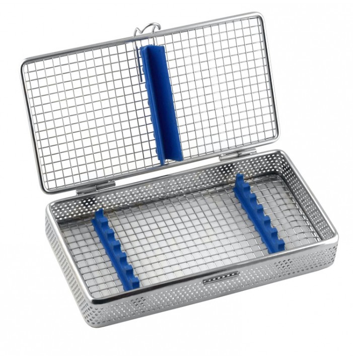 Mesh Cassette Tray with cover for 7 instruments 200x110x35mm, blue
