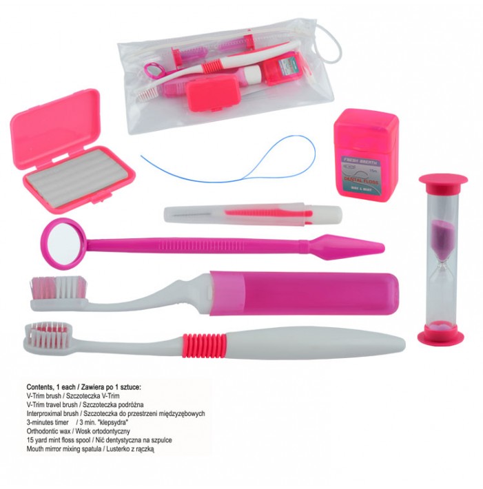 Orthodontic care kit in clear pouch, Pink