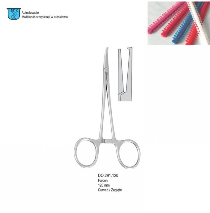 Elastomeric ligature placing forceps Falcon curved with hook 120mm