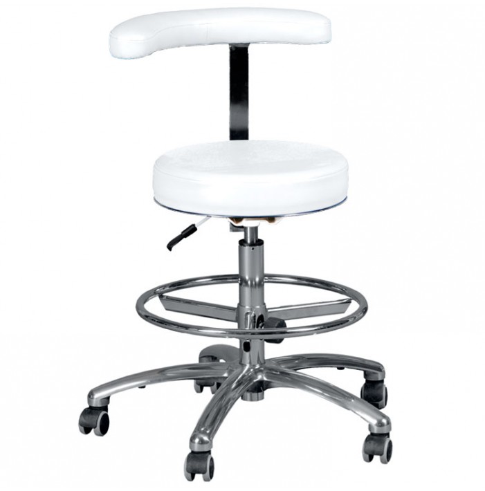 Height adjustable dental stool with procedure arm and foot rest ring