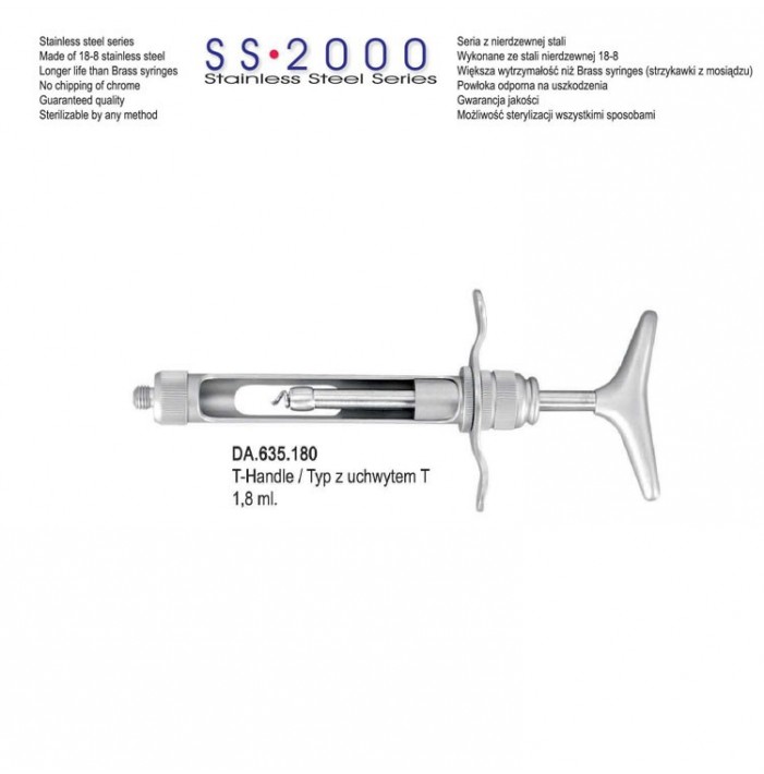 SS-2000 Syringe manual aspirating T-handle 1.8ml. metric