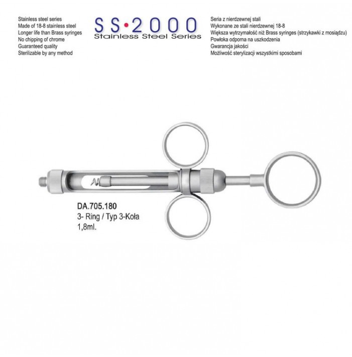 SS-2000 Syringe manual aspirating 3-ring 1.8ml. metric