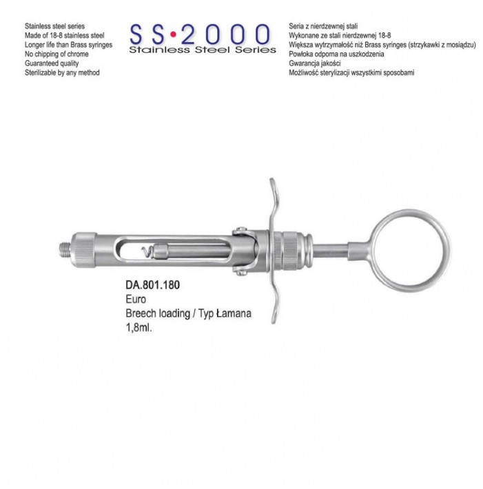 SS-2000 Syringe manual aspirating breech loading with ring handle 1.8ml. metric
