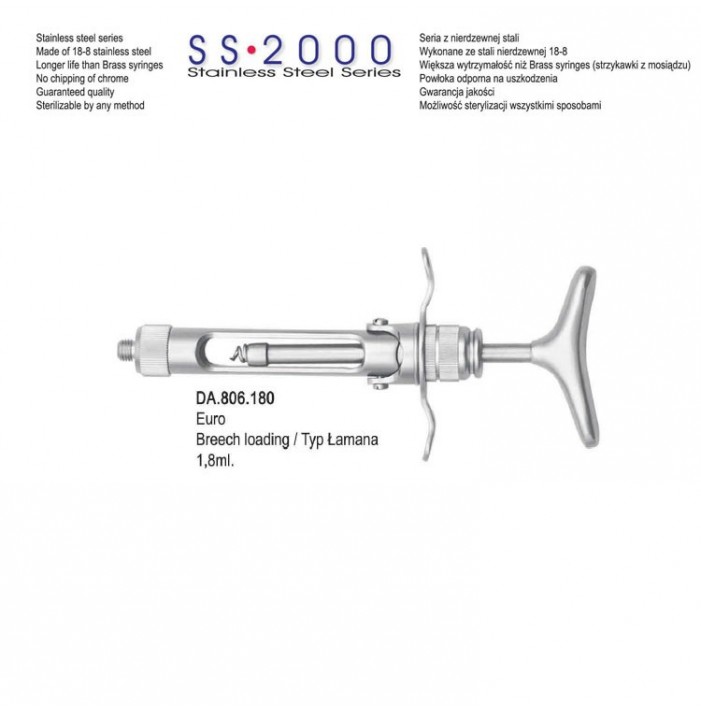 SS-2000 Syringe manual aspirating breech loading with T-handle 1.8ml. metric
