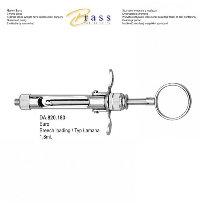 Brass Series Syringe manual aspirating breech loading with ring handle 1.8ml. metric