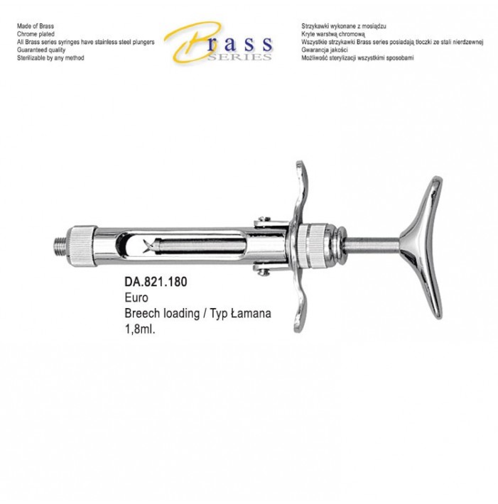 Brass Series Syringe manual aspirating breech loading with T-handle 1.8ml. metric