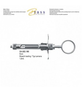 Brass Series Syringe manual aspirating breech loading (Arrow plunger) with ring handle 1.8ml. metric