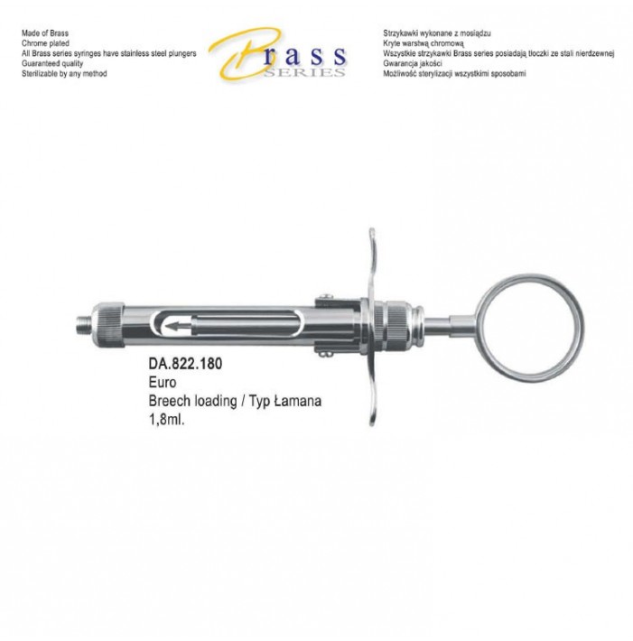 Brass Series Syringe manual aspirating breech loading (Arrow plunger) with ring handle 1.8ml. metric