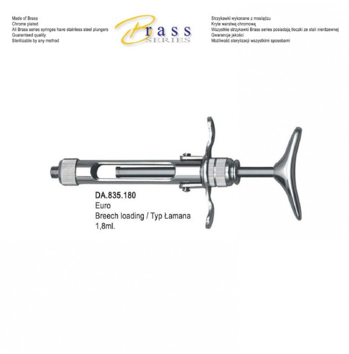 Brass Series Syringe non aspirating breech loading T-handle 1.8ml. Metric