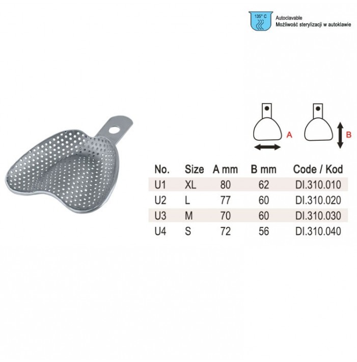 Impression tray edentulous perforated upper