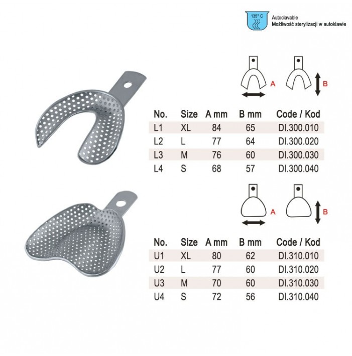 Impression trays edentulous perforated set of 8