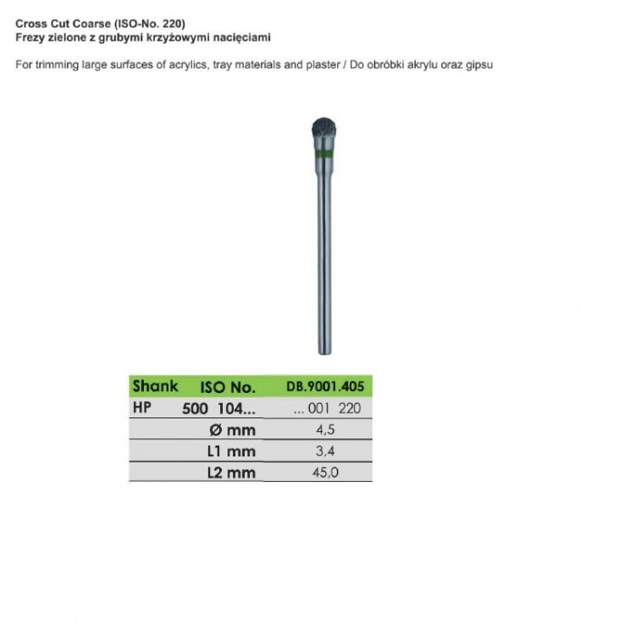 Carbide bur HP, cut coarse, ISO 500 104 001 220 040, green