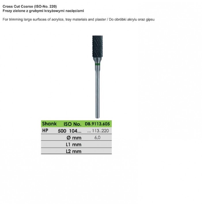 Carbide bur HP, cut coarse, ISO 500 104 113 220 060, green