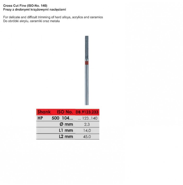 Carbide bur HP, cut fine, ISO 500 104 123 140 023, red