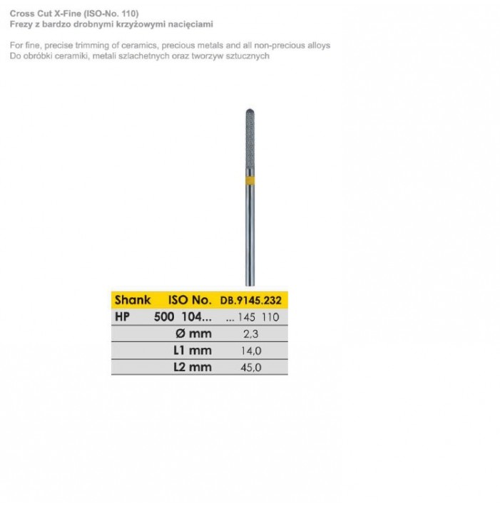 Carbide bur HP, X-cut extra fine, ISO 500 104 145 110 023, yellow