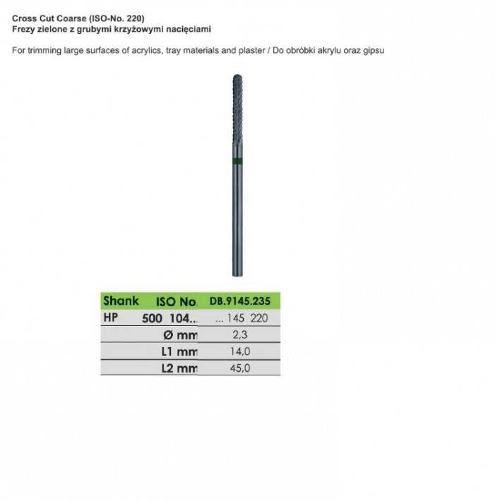 Frezy zielone z grubymi krzyżowymi nacięciami ISO 500 104 145 220 023