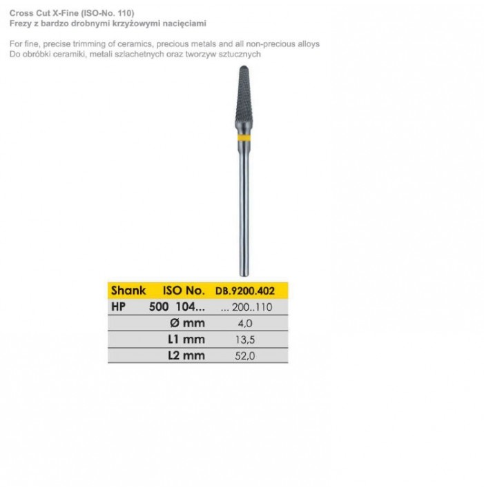 Carbide bur HP, X-cut extra fine, ISO 500 104 200 110 040, yellow