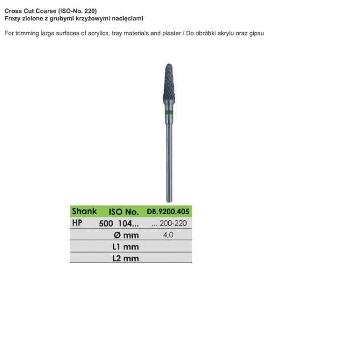 Carbide bur HP, cut coarse, ISO 500 104 200 220 040, green