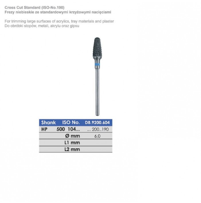 Frezy niebieskie ze standardowymi krzyżowymi nacięciami ISO 500 104 200 190 060