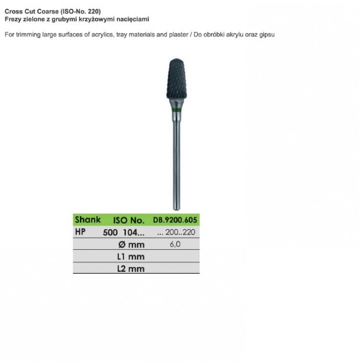 Carbide bur HP, cut coarse, ISO 500 104 200 220 060, green