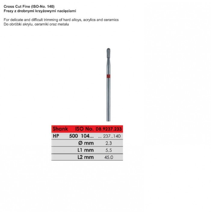 Carbide bur HP, cut fine, ISO 500 104 237 140 023, red