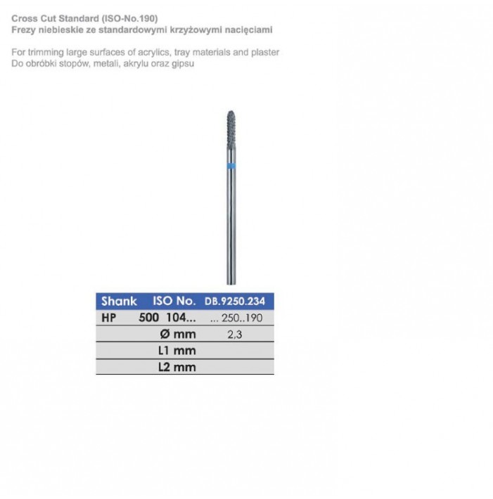 Frezy niebieskie ze standardowymi krzyżowymi nacięciami ISO 500 104 250 190 023