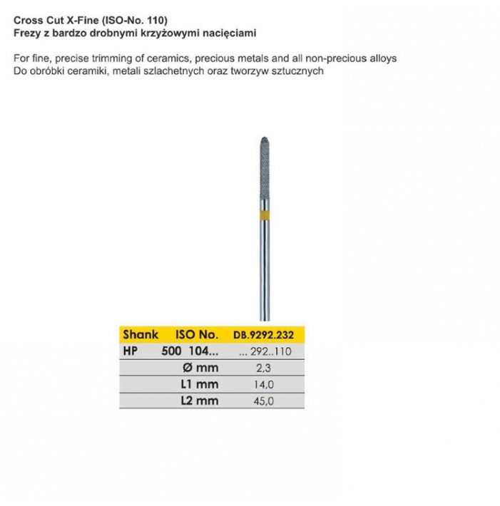 Carbide bur HP, X-cut extra fine, ISO 500 104 292 110 023, yellow