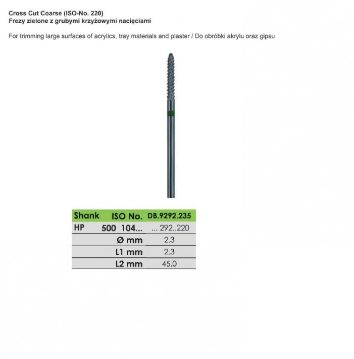 Frezy zielone z grubymi krzyżowymi nacięciami ISO 500 104 292 220 023