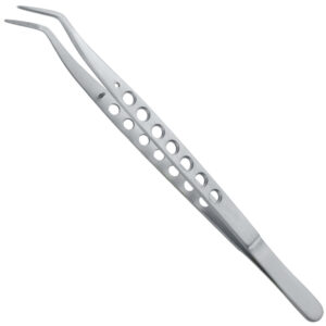 Tweezers Meriam-Ergo with grooves serrated angled long fig. 1