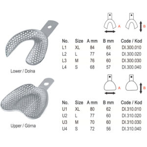 Impression trays edentulous perforated set of 8